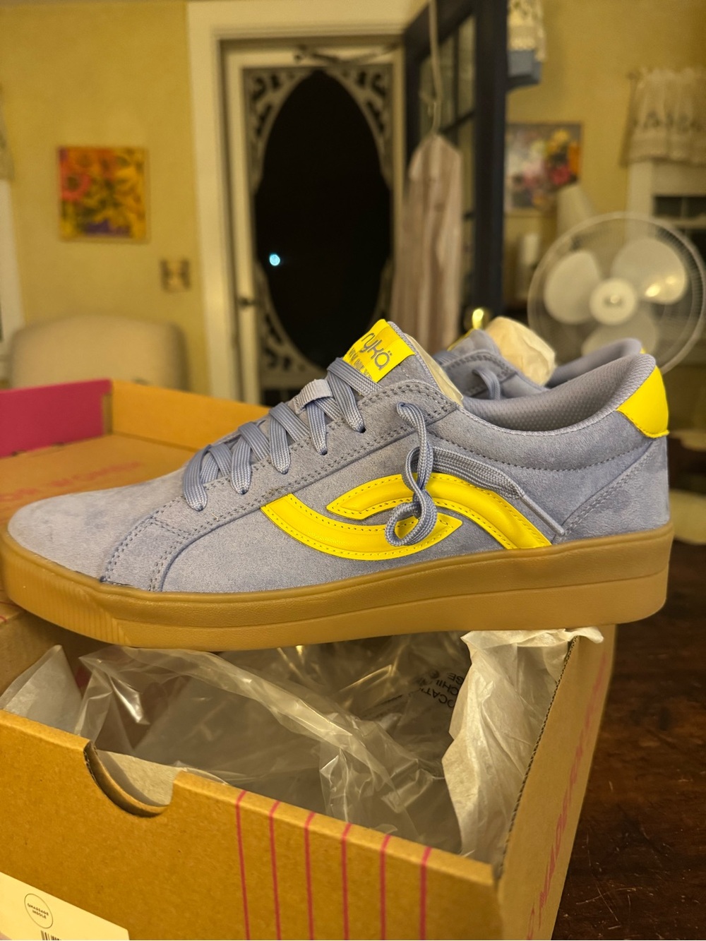 Ryka Light Blue Suede Sneakers with Yellow Accents